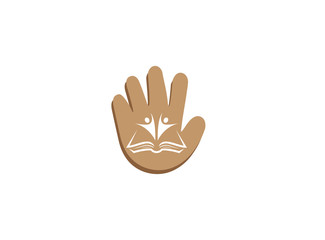 Naklejka na ściany i meble Kids or students open hands inside a book for logo design illustration, in a hand shape icon