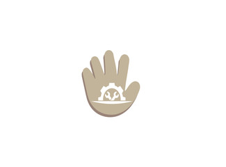 Mechanic gear tools in and pignion for logo design illustration, in a hand shape service icon