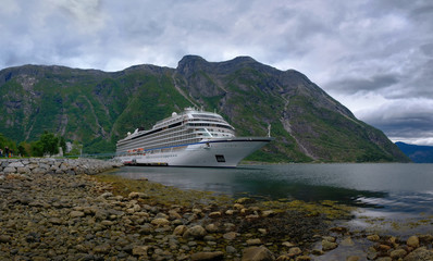 EIDFJORD, NORWAY - August 2018: Cruise ship sol in port of Eidfjord with nice view on the mountains...