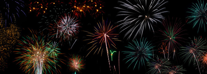 Fourth of July fireworks light up the night sky background cover for USA Independence Day July 4th. Worldwide holidays celebrate Guy Fawkes, Chinese New Year, Australia Day, Bastille Day, and others