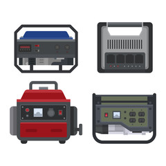 Generator vector power generating portable gasoline petrol fuel energy industrial electrical engine equipment illustration set of diesel industry isolated on white background