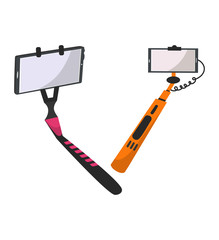 Selfie stick vector monopod with smartphone making photography self-portrait illustration set of modern phone-stick and selfie-monopod design isolated on white background