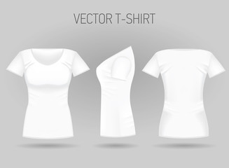 Blank women's white t-shirt in front, back and side views. Vector illustration. Isolated on white background. Realistic female sport shirts