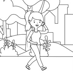 Woman cartoon with smartphone  in the park design