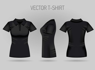 Blank women's black short sleeve polo shirt in front, back and side views. Vector illustration. Isolated on white background. Realistic female t-shirts