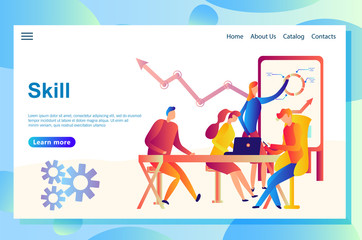 Illustration of the web page concept of a business meeting, teamwork, training professional skill, where people discuss some ideas, presentation of growing processes. Concepts for landing page.