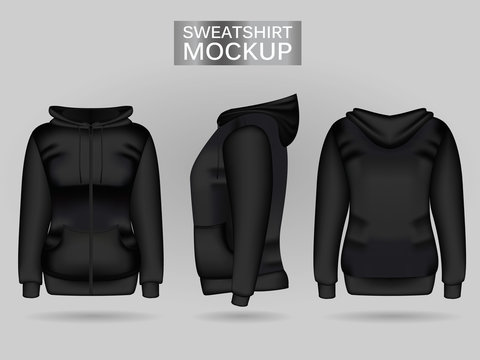 Blank women's black sweatshirt hoodie in front, back and side views. Vector illustration. Isolated on white background. Realistic female clothes for sport and urban style