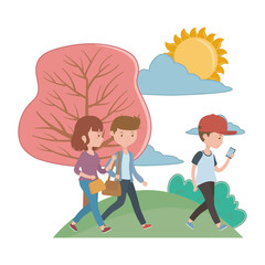 Woman and man cartoons in the park design