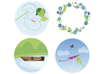 Print fishing wreath of flowers boat kite doodle color flat summer to do