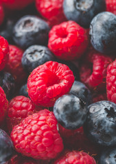 Fresh Summer Berries mix Background with Strawberry, Raspberry, Red currant, Blueberry and Blackberry.