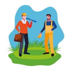 architect builder with constructor workers on the lawn