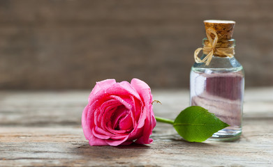 pink rose flower and glass of bottle essential oil or rose water with rose petals, spa and aromatherapy cosmetic concept