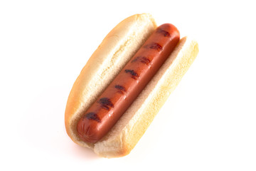 Single Grilled Hot Dog Isolated on a White Background