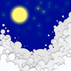 night. a yellow moon with many stars surrounded by curly white clouds