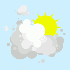 yellow sun with short rays hidden behind white gray clouds, day