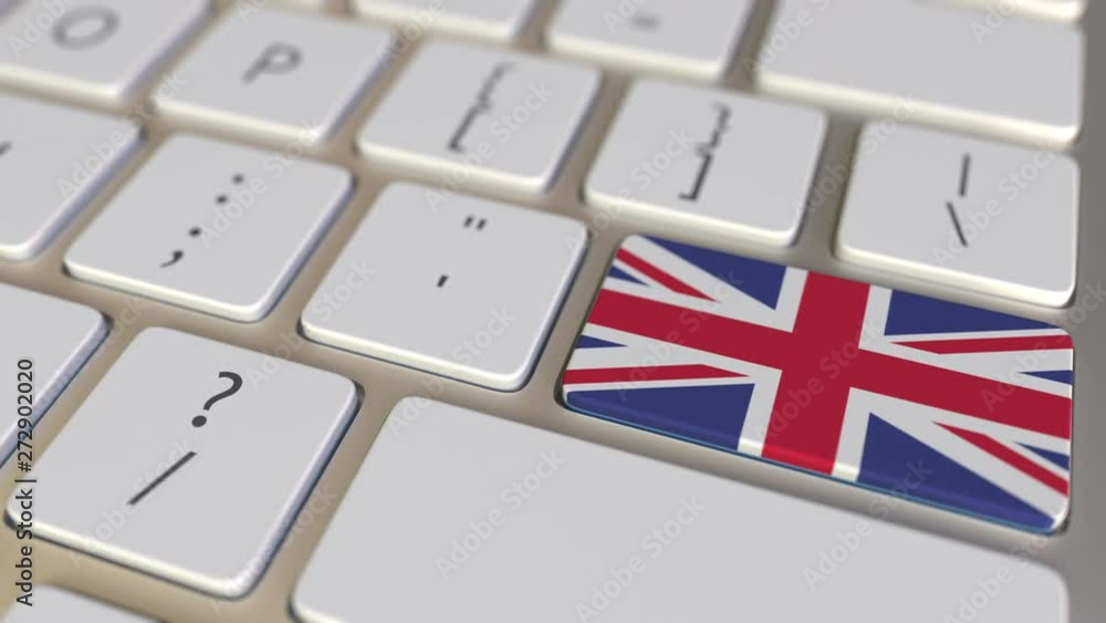 Poster key with flag of argentina on the computer keyboard switches to key with flag of great britain, tran