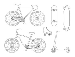 Fototapeta na wymiar Vector flat line set collection of bicycle skateboard scooter and roller skates isolated on white background 