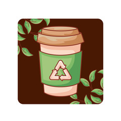 ecological bottle of beverage with leafs in frame