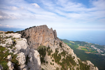 Fototapeta na wymiar View from the top of Ai-Petri mountain at the seaside of Black Sea, Crimea