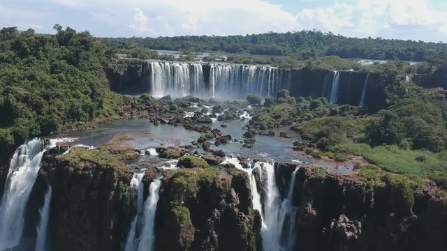 Iguazu Falls in Brazil and Argentina are a UNESCO heritage site and a new wonder of the world in South America. (aerial photography)