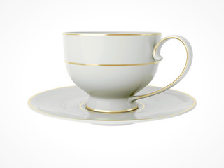 Isolated antique porcelain cup with gold on white background. 3D Illustration
