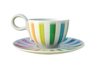 Porcelain colorful striped cup isolated on white background. 3D Illustration.