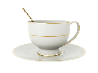 Antique white porcelain cup with gold, gold tea spoon on white. 3D Illustration