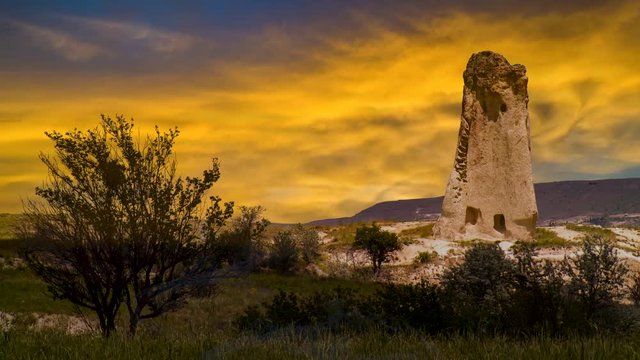 Cinemagraph Parallax Effect Of Swirling Clouds Behind Cappadocia Turkey Ruins In The Desert.