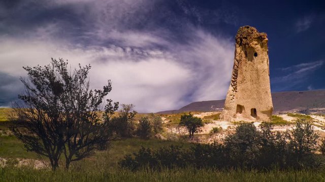 Cinemagraph Parallax Effect Of Swirling Clouds Behind Cappadocia Turkey Ruins In The Desert.