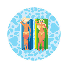 beautiful girls with float mattress floating in water
