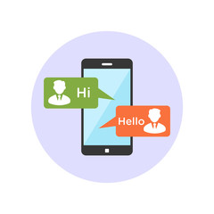 Vector illustration of greet each other and communicate with business relations through smartphone media chat. Modern digital communication concept.