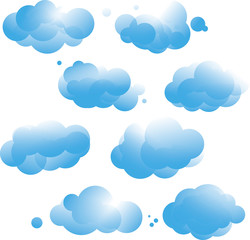 several options of blue curly clouds on a blue background, gradient