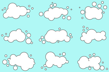 several variants of white curly clouds in a black stroke on a blue background, vector