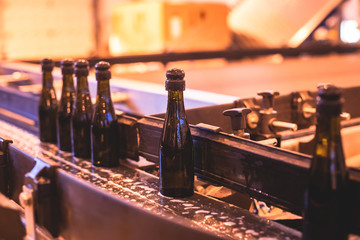 View of glass bottles on the conveyor belt, bottle necks on the production line, brewery equipment, inside wine factory, process of alcohol liquor manufacture production