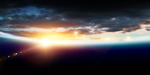 Naklejka na ściany i meble Sunrise on planet orbit, space beauty