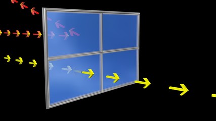 Ultraviolet light rays reflect off window. Regular light penetrates window .  3d rendering