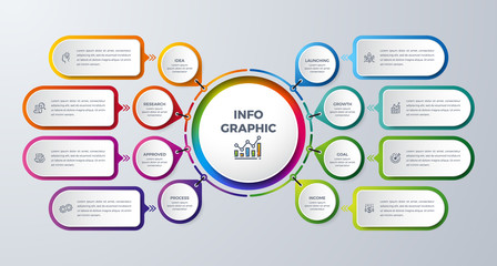 Fototapeta na wymiar Modern infographic with green, purple, orange, and blue color can be used for your process, steps, workflow layout, and more. Infographic with Idea, research, process, launching, growth, goal icon.