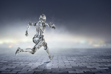 Fototapeta na wymiar Cyborg silver running woman. Mixed media