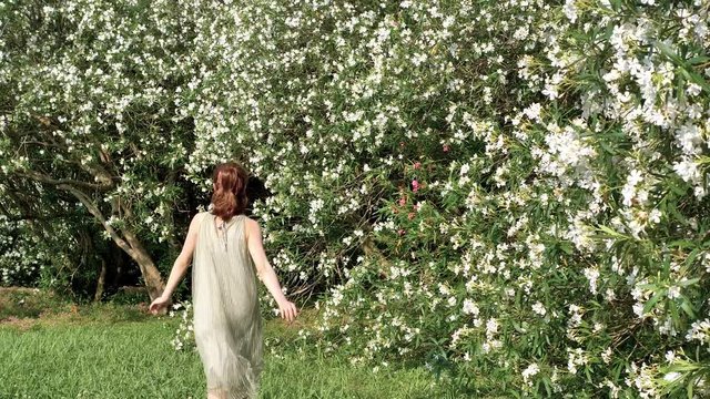 Rear view of a beautiful young woman running to flower sea of white Nerium oleander, happy girl in dress play in summer park, 4k footage, slow motion.