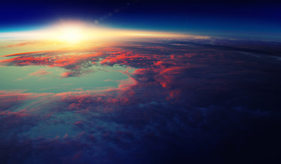 Sunrise on planet orbit, space beauty