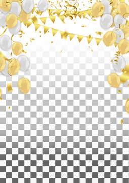 Colorful birthday balloon with bunting flags and confetti