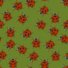 Green seamless pattern with ladybugs. Vector illustration.