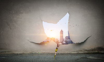 Paper torn hole effect with sity view
