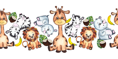 Obraz na płótnie Canvas Hand-drawn watercolor children’s animals seamless borders with cute lion, giraffe, elephant, Rhino, monkey, Zebra, crocodile, iguana, wombat, Panda, Koala 