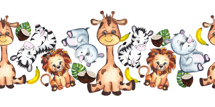 Hand-drawn watercolor children’s animals seamless borders with cute lion, giraffe, elephant, Rhino, monkey, Zebra, crocodile, iguana, wombat, Panda, Koala 