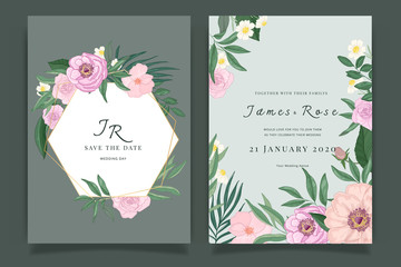Emerald green Wedding Invitation, floral invite thank you, rsvp modern card Design in Pink Rose with leaf greenery  branches decorative Vector elegant rustic template