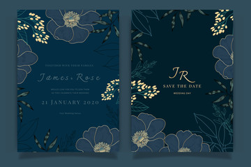 Navy Blue Wedding Invitation, floral invite thank you, rsvp modern card Design in Gold Peony with red berry and leaf greenery  branches decorative Vector elegant rustic template