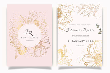 Fototapeta na wymiar Rose Gold Wedding Invitation, floral invite thank you, rsvp modern card Design in white Peony with red berry and leaf greenery branches decorative Vector elegant rustic template