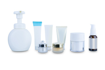 collection of various beauty cosmetic hygiene containers plastic bottle with body moisturising isolated on white background