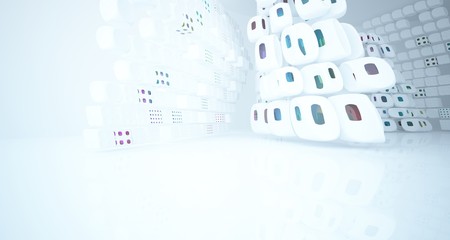 Abstract white and colored gradient glasses interior multilevel public space with window. 3D illustration and rendering.